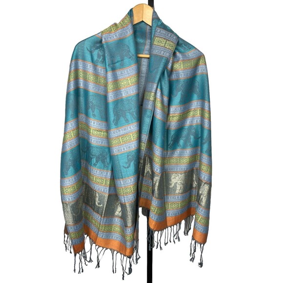 Elephant Scarf Shawl Wrap Fringe Tassel Blue Green Teal Gold Boho City Hippy New - Picture 1 of 2